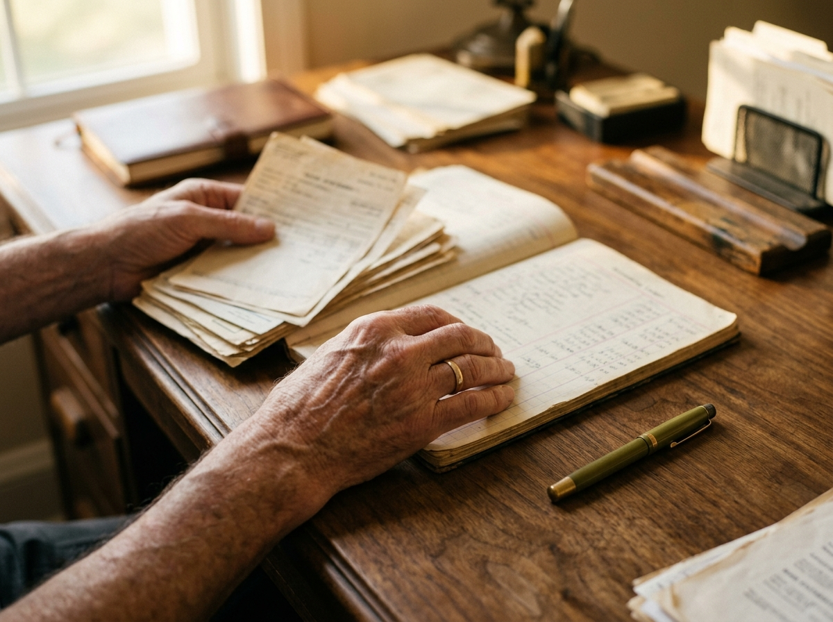 An accountant's hands arranging ledgers and statements in golden light