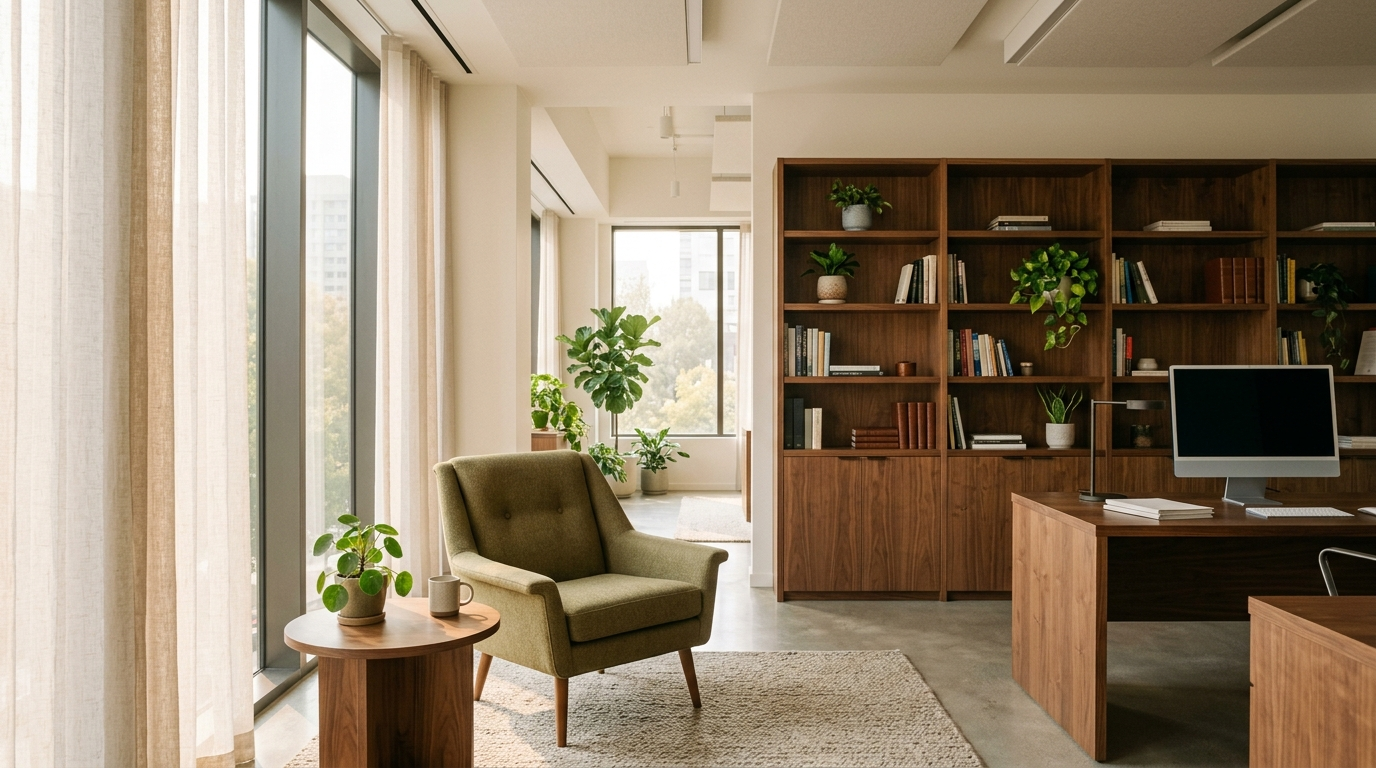 A warm modern office with walnut shelving and afternoon light
