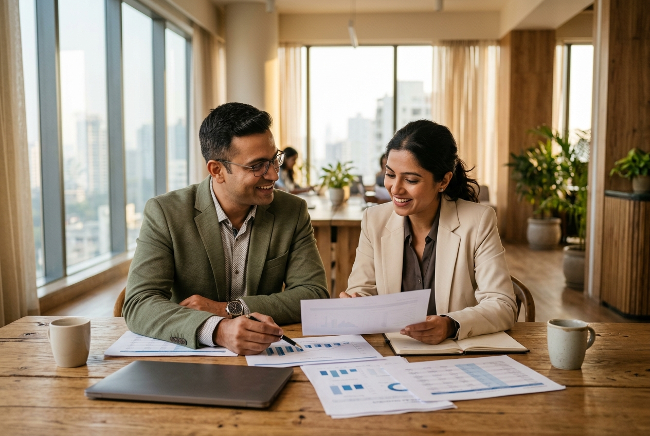 Two Indian business professionals reviewing financial reports together
