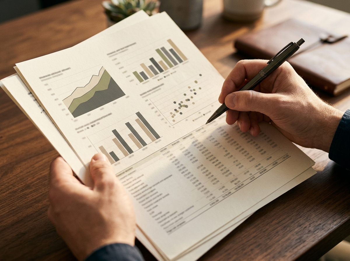 Hands reviewing printed financial charts on warm paper